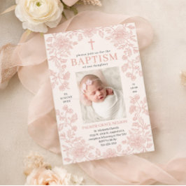 Convite de Batismo de Menina com Floral Rosa