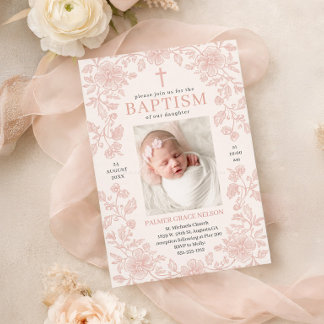 Convite de Batismo de Menina com Floral Rosa