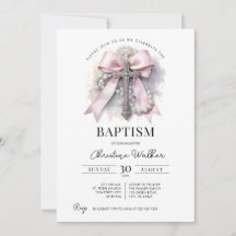 Convite de Batismo de Menina com Laço Rosa | Cruz