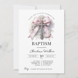 Convite de Batismo de Menina com Laço Rosa Cruz