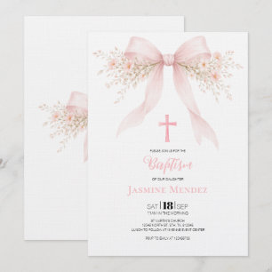 Convite de Batismo de Menina com Laço Rosa e Cruz