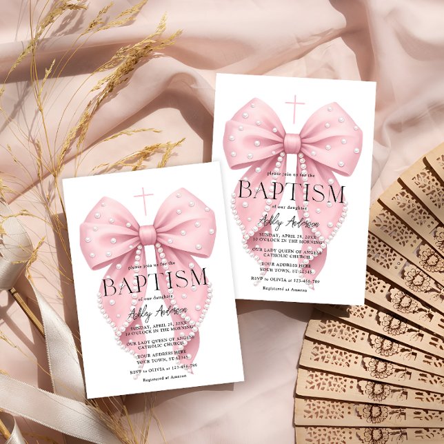 Convite de Batismo de Menina com Laço Rosa Elegant (Criador carregado)