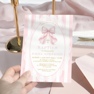 Convite de Batismo de Menina com Laço Rosa Elegant