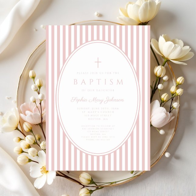 Convite de Batismo de Menina com Listras Rosa Eleg (Elegant Pink Striped Girl Baptism Invitation)