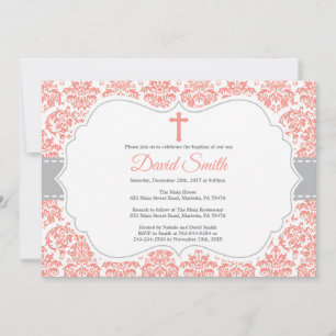 Convite de Batismo de Menina Coral e Cinza Damask