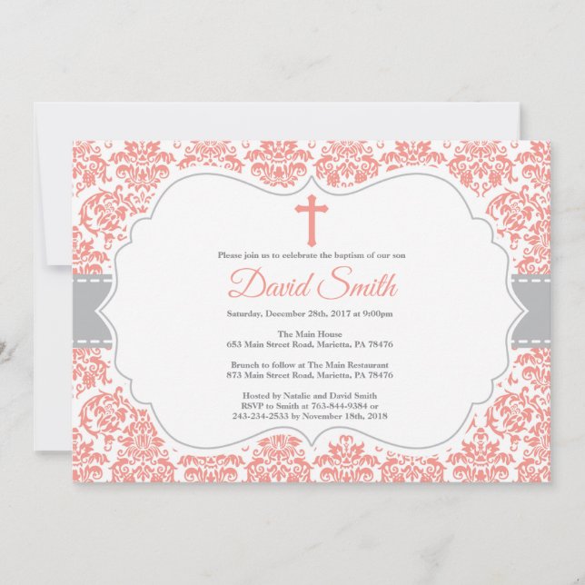 Convite de Batismo de Menina Coral e Cinza Damask (Frente)