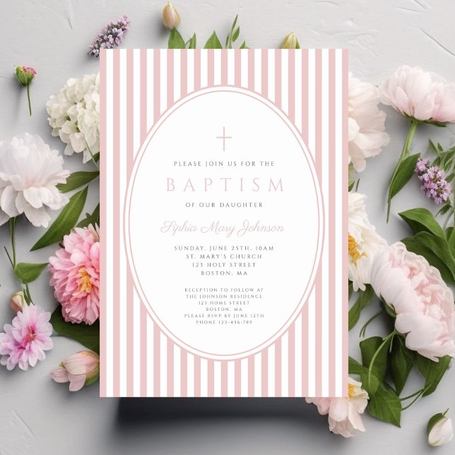 Convite de Batismo de Menina Listrado Rosa Elegant (Elegant Pink Striped Girl Baptism Invitation)