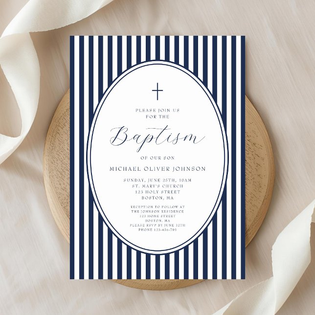 Convite de Batismo de Menino Azul Naval Elegante e (Elegant Navy Blue Script Boy Baptism Invitation)