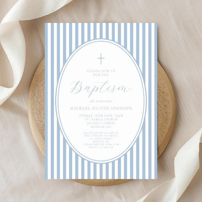 Convite de Batismo de Menino em Azul Bebê Elegante (Elegant Baby Blue Script Boy Baptism Invitation)