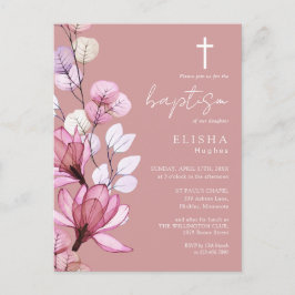 Convite de Batismo de Monograma Floral Rosa Po