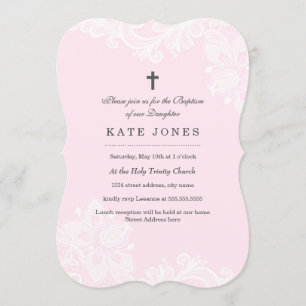 Convite de batismo de renda rosa branca elegante