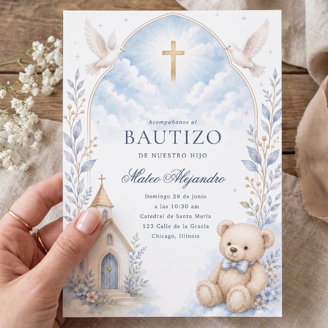 Convite de Batismo de Urso de Pelúcia em Aquarela  (Criador carregado)