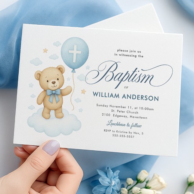 Convite de Batismo de Urso Teddy Azul para Menino  (Charming teddy bear design highlighting your little one’s Baptism day.)