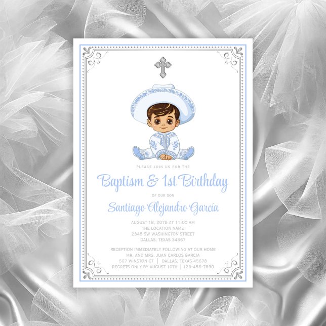 Convite de Batismo e Aniversário Charro Prata (Cute baby charro baptism invitation. All text can be changed, baby moved, cross moved/removed.)