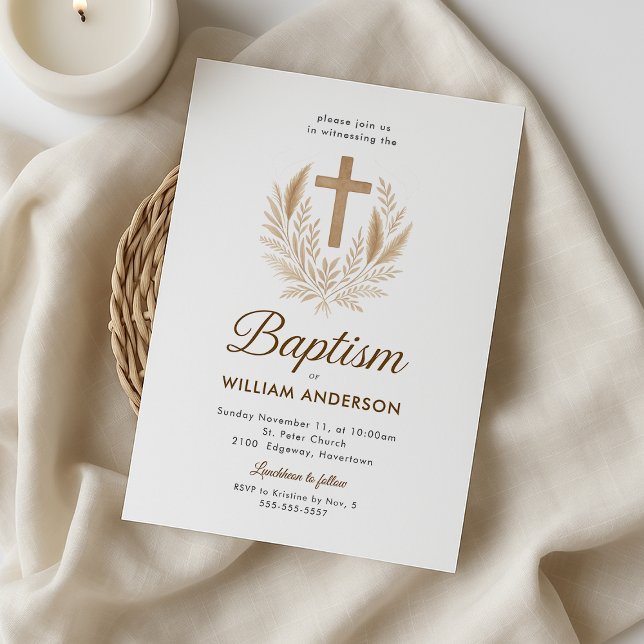 Convite de Batismo Elegante com Cruz Dourada e Oli (Elegant baptism invitation with a gold cross and olive wreath, perfect for a baby boy.)