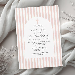Convite de Batismo Elegante com Listras Rosa para