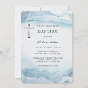 Convite de Batismo Elegante em Aquarela Azul para 