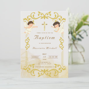 Convite de Batismo Elegante em Dourado com Anjos e