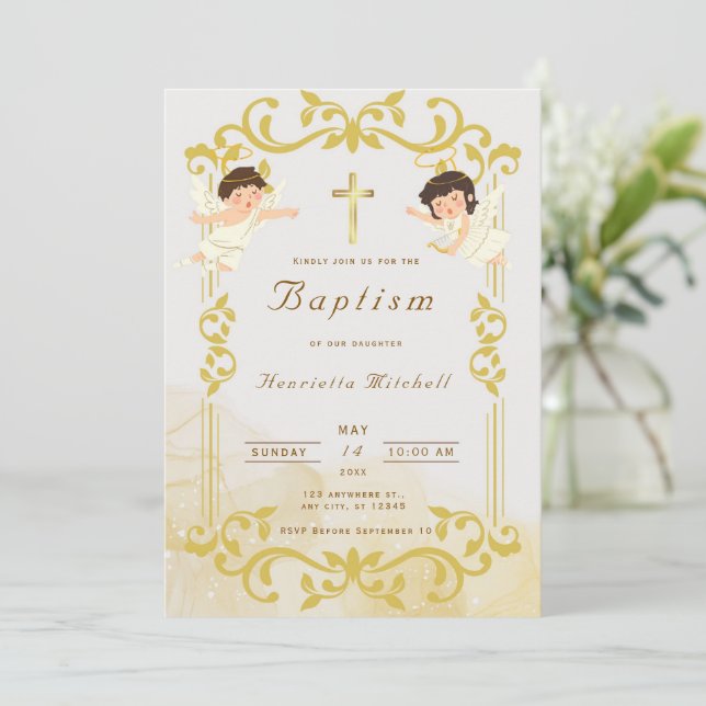 Convite de Batismo Elegante em Dourado com Anjos e (Em pé/Frente)