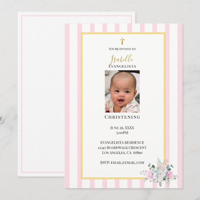 Convite de Batismo em Rosa e Dourado Elegante com  (Frente/Verso)