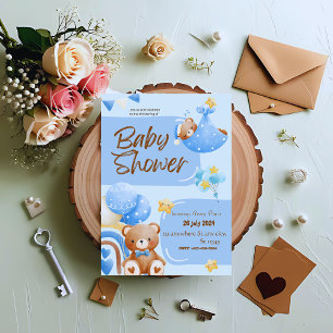 Convite de Batismo Floral Azul e Branco