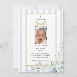Convite de Batismo Floral Azul Elegante com Dourad