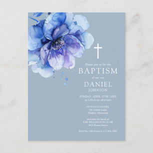 Convite de Batismo Floral Azul Elegante em Aquarel