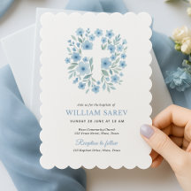 Convite de Batismo Floral Azul Ondulado para Menin