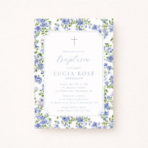 Convite de Batismo Floral Azul para Menina