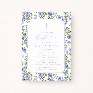 Convite de Batismo Floral Azul para Menina