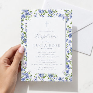 Convite de Batismo Floral Azul para Menina