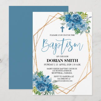 Convite de Batismo Floral Azul para Menino