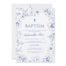Convite de Batismo Floral Azul Tradicional