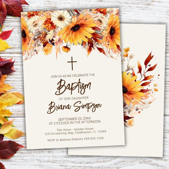 Convite de Batismo Floral Bege Outono (Criador carregado)