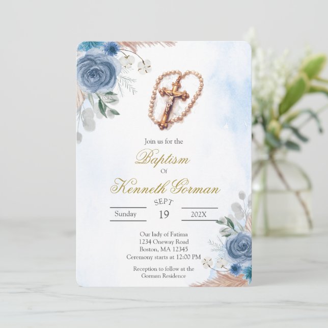 Convite de batismo floral boho azul Crucifixo (Em pé/Frente)
