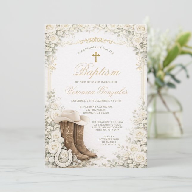 Convite de Batismo Floral Branco com Botas de Cowb (Em pé/Frente)