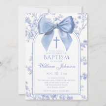 Convite de Batismo Floral com Laço Azul Vintage