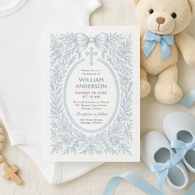 Convite de Batismo Floral Cruz Azul Vintage (Vintage blue cross baptism invite styled with baby shoes, teddy bear, and soft fabric)