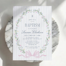 Convite de Batismo Floral Delicado Azul