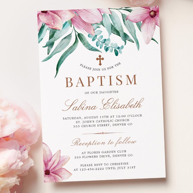 Convite de batismo floral em aquarela cruz elegant (Criador carregado)