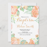 Convite de Batismo Floral em Marfim e Pêssego