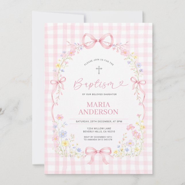 Convite de Batismo Floral Gingham de Flor Silvestr (Frente)