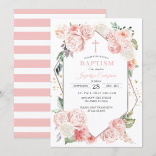 Convite de Batismo Floral Rosa