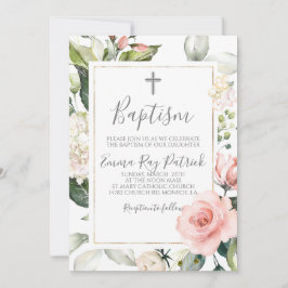 Convite De Batismo Floral Rosa Blush