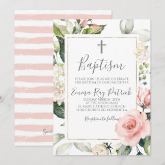 Convite De Batismo Floral Rosa Blush