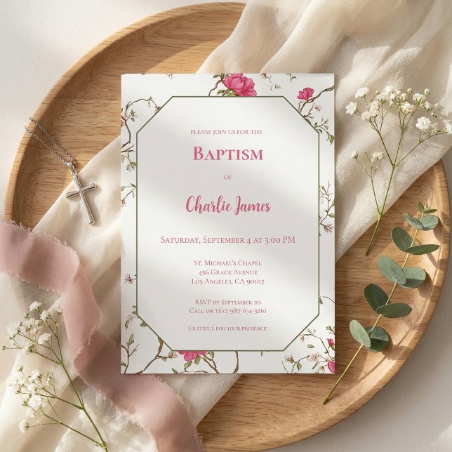 Convite de Batismo Floral Rosa Botânico (Criador carregado)