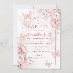 Convite de Batismo Floral Rosa com Borboletas