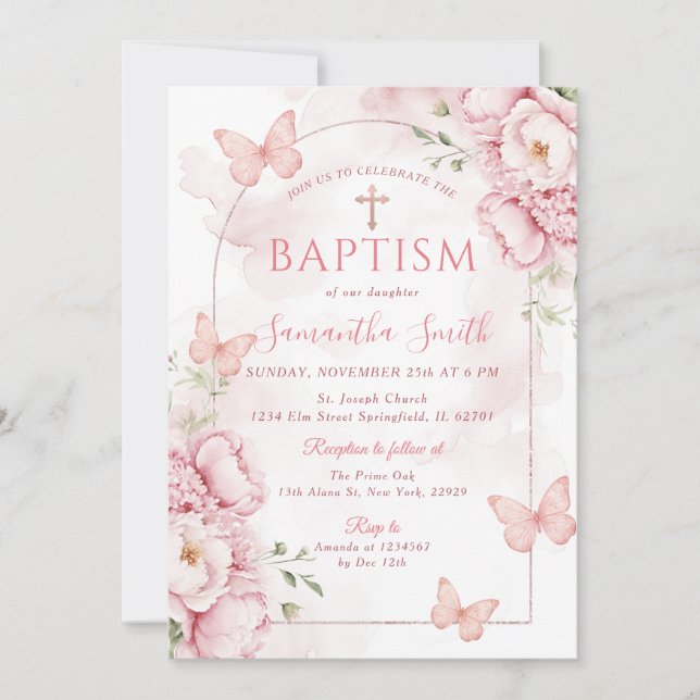 Convite de Batismo Floral Rosa com Borboletas (Frente)