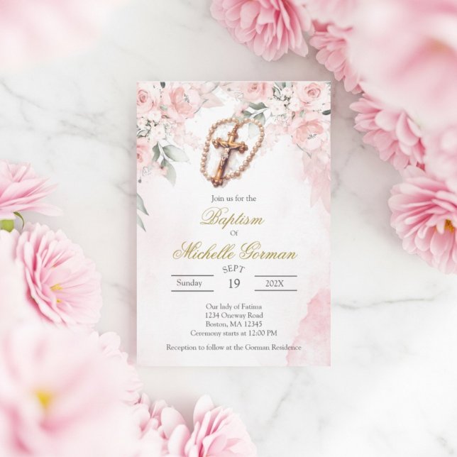 Convite de batismo floral rosa Crucifixo (Criador carregado)