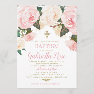 Convite de Batismo | Floral Rosa Dourado
